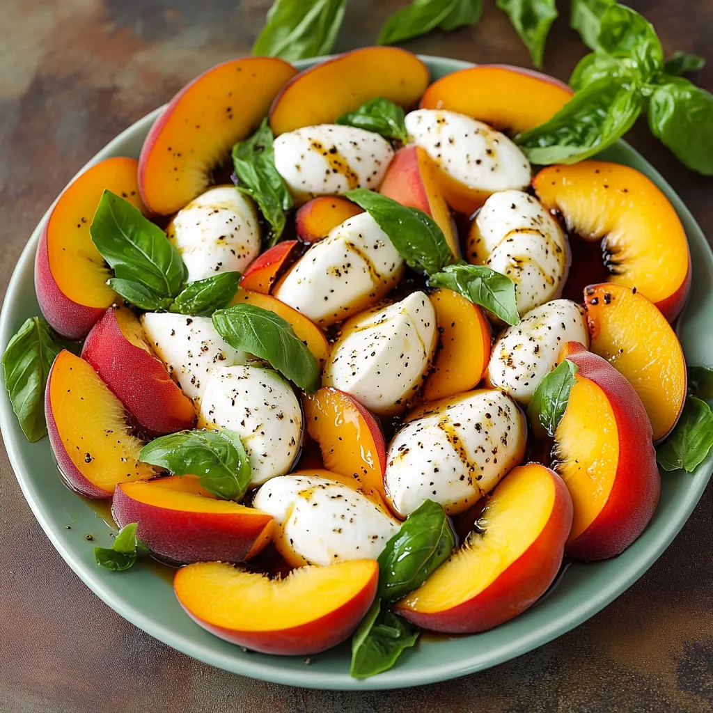Salade caprese aux pêches et mozzarella servie sur une assiette blanche