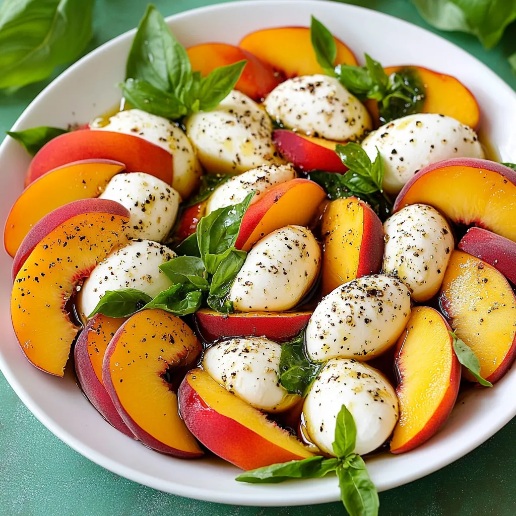 Salade caprese aux pêches et mozzarella servie sur une assiette blanche