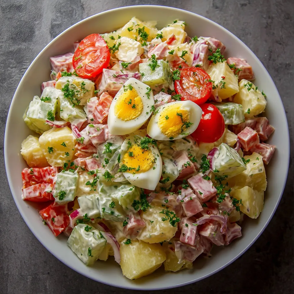 Photo d'une salade Piémontaise revisitée servie dans un saladier, avec œufs durs, pommes de terre, cornichons et sauce crémeuse.