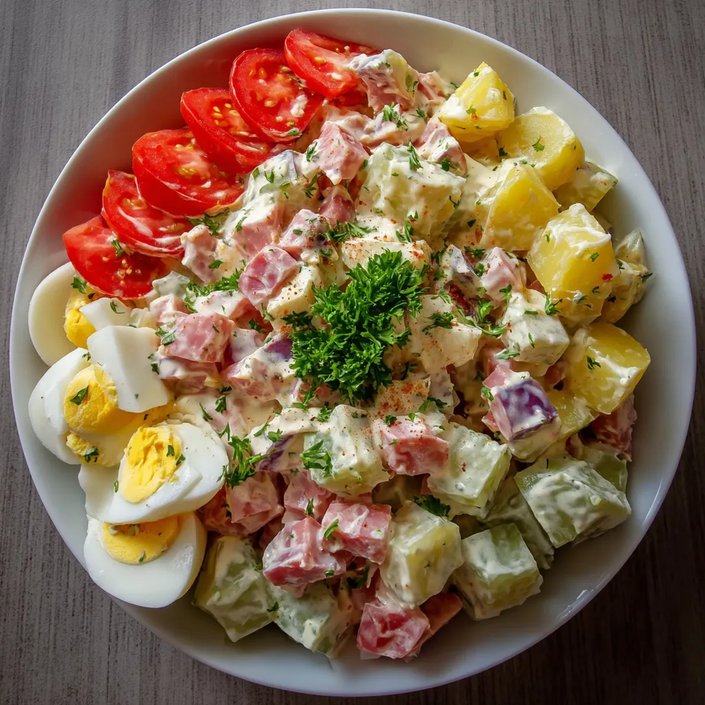 Photo d'une salade Piémontaise revisitée servie dans un saladier, avec œufs durs, pommes de terre, cornichons et sauce crémeuse.