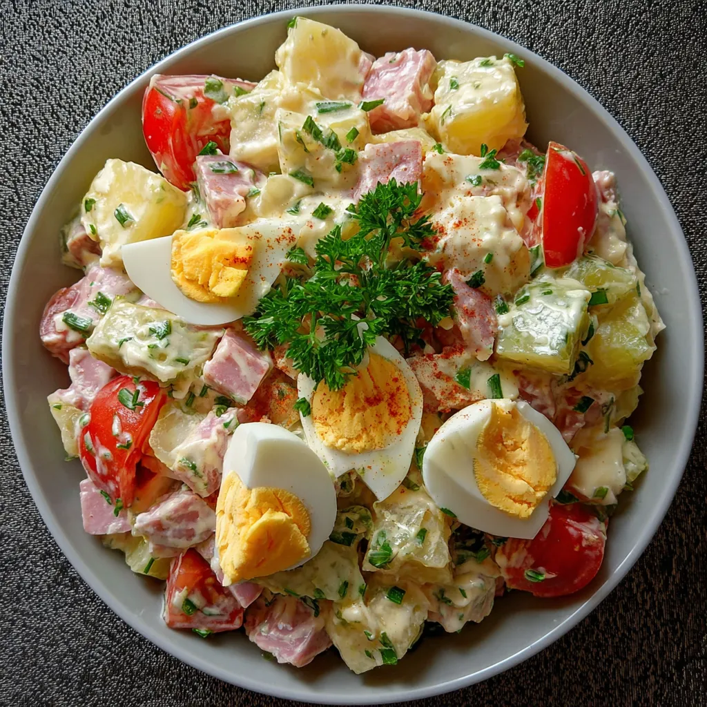 Photo d'une salade Piémontaise revisitée servie dans un saladier, avec œufs durs, pommes de terre, cornichons et sauce crémeuse.