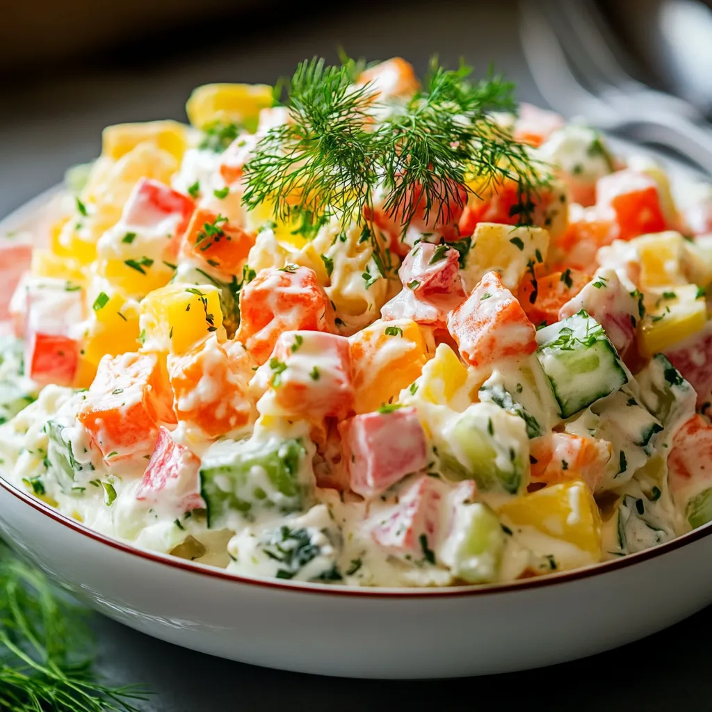 Salade russe classique servie dans un saladier avec œufs durs, petits pois et persil frais.