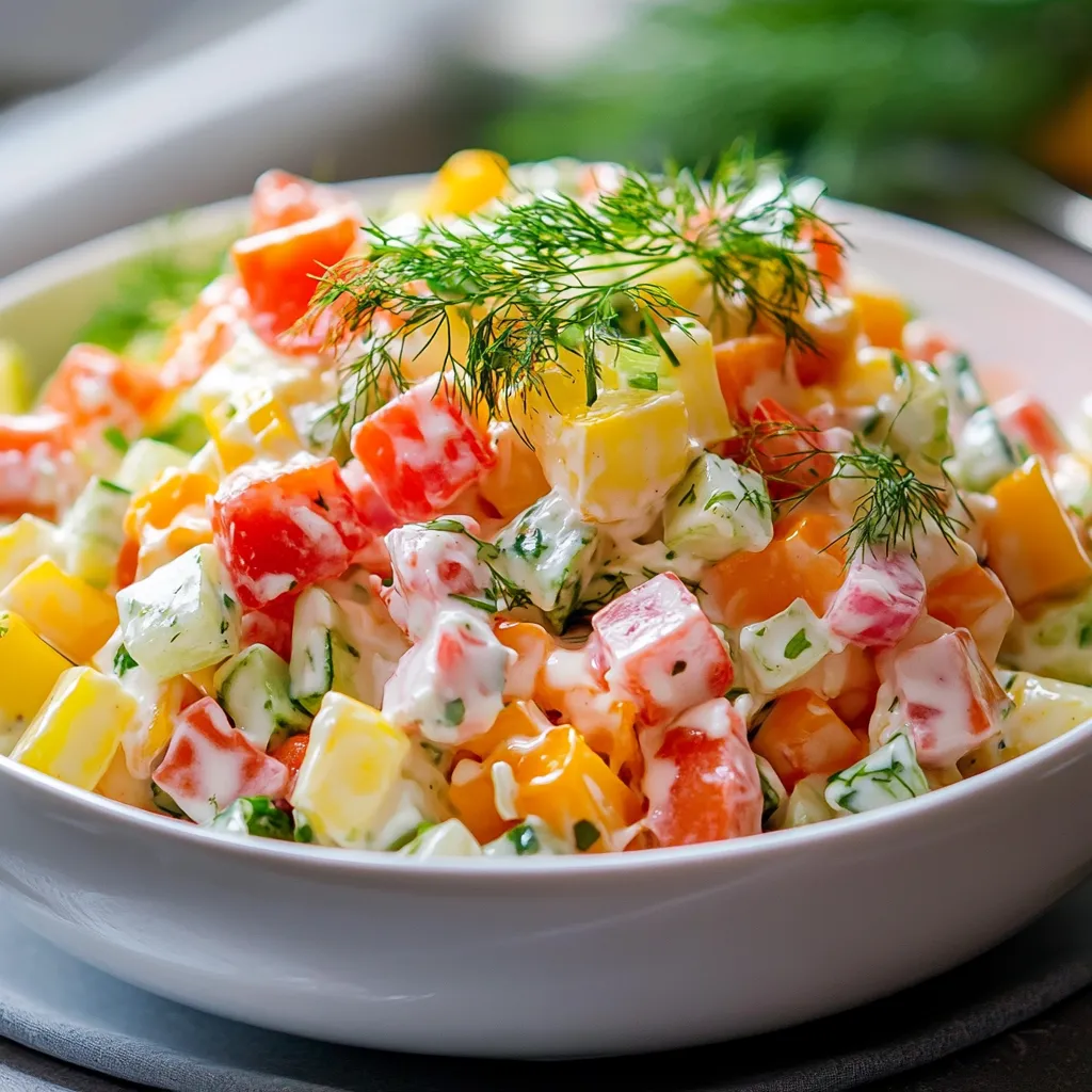 Salade russe classique servie dans un saladier avec œufs durs, petits pois et persil frais.