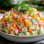 Salade russe classique servie dans un saladier avec œufs durs, petits pois et persil frais.