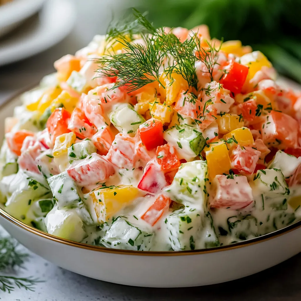 Salade russe classique servie dans un saladier avec œufs durs, petits pois et persil frais.