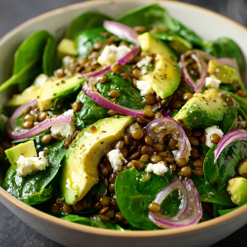 Salade de lentilles vertes, avocat, épinards frais et sauce citron-gingembre servie dans un bol blanc
