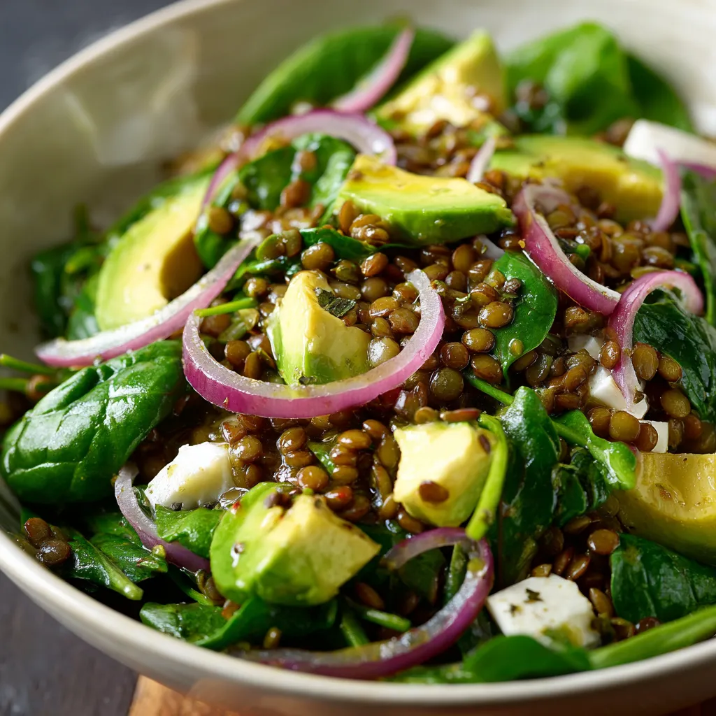 Salade de lentilles vertes, avocat, épinards frais et sauce citron-gingembre servie dans un bol blanc