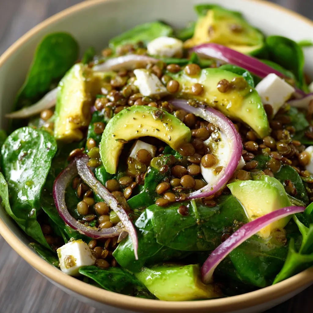 Salade de lentilles vertes, avocat, épinards frais et sauce citron-gingembre servie dans un bol blanc