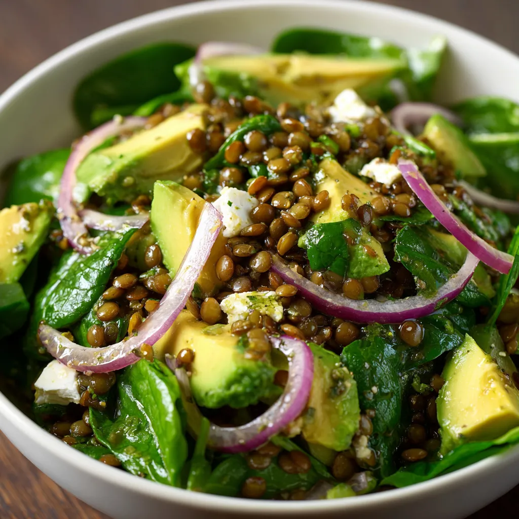 Salade de lentilles vertes, avocat, épinards frais et sauce citron-gingembre servie dans un bol blanc