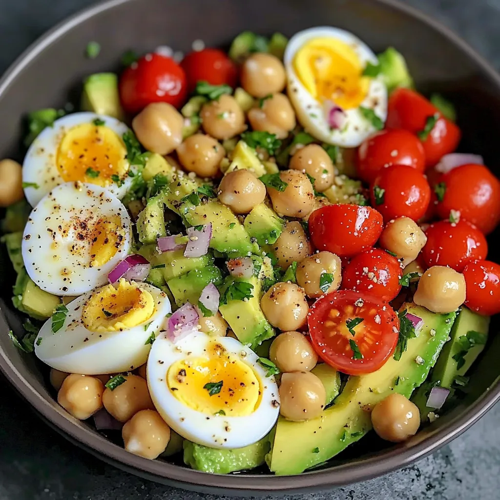 Salade d’avocat avec œufs durs et pois chiches dans un grand bol