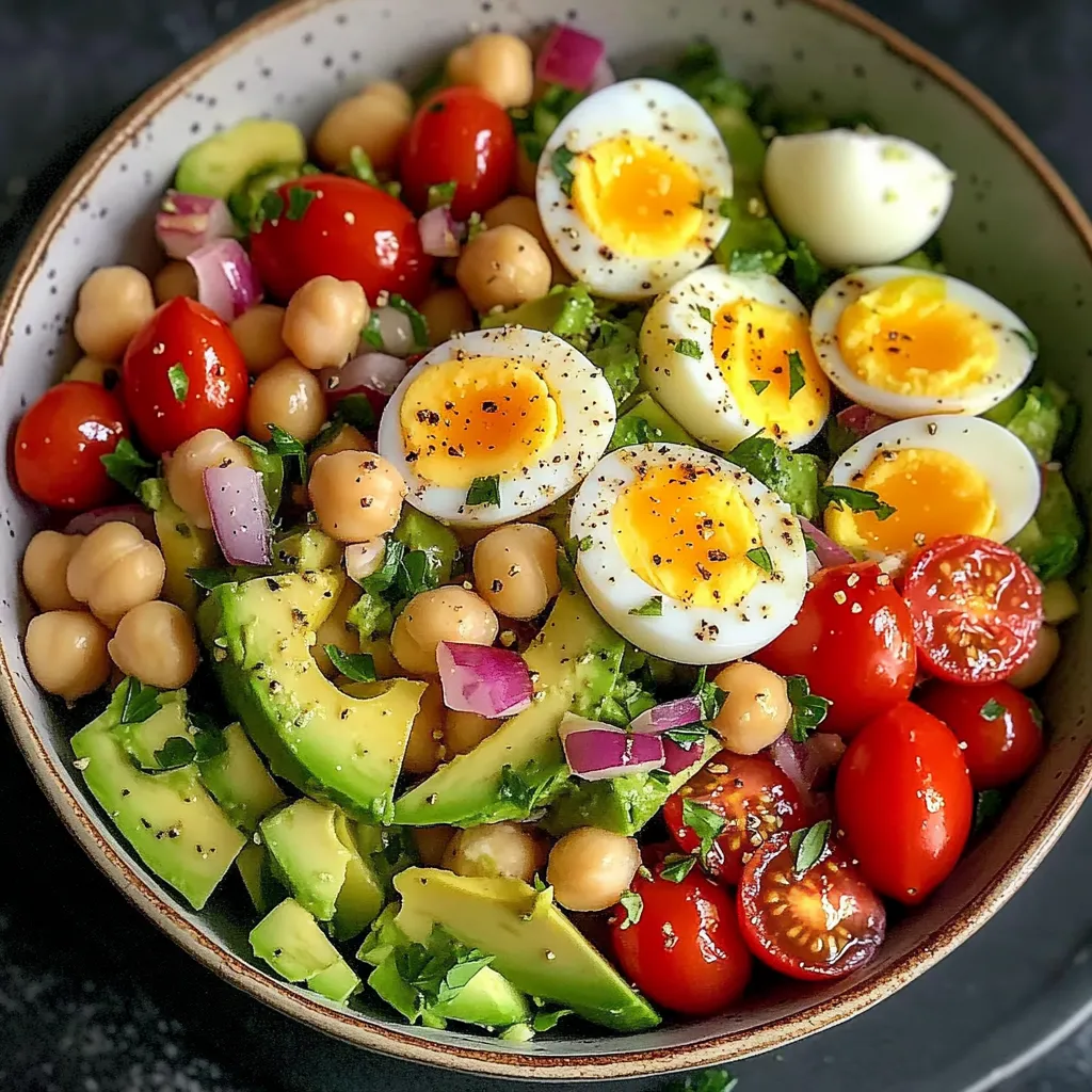 Salade d’avocat avec œufs durs et pois chiches dans un grand bol