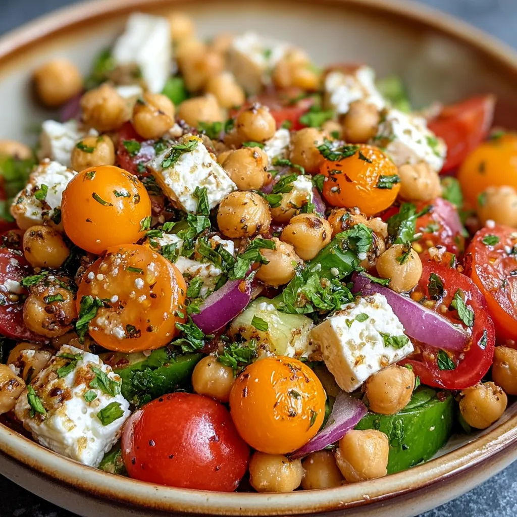 Salade fraîche de pois chiches, tomates cerises multicolores et feta dorée