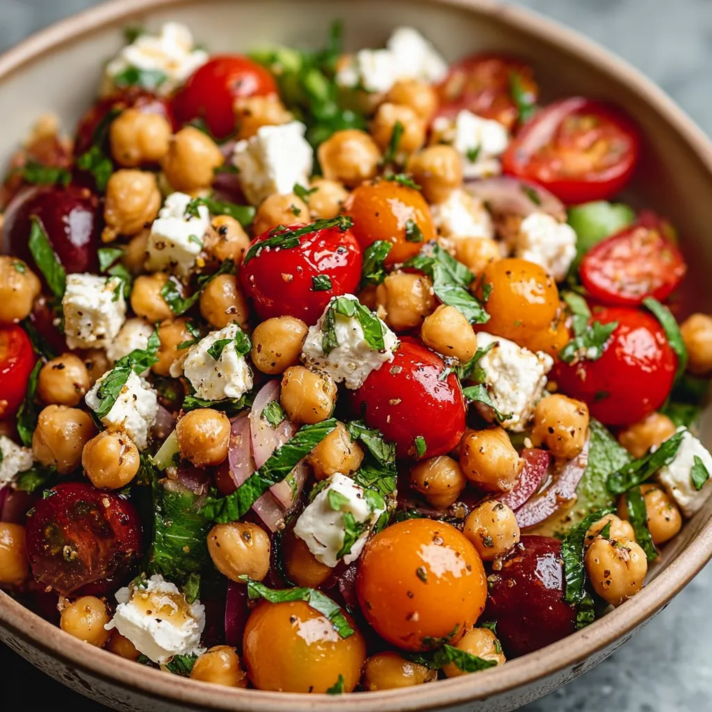 Salade fraîche de pois chiches, tomates cerises multicolores et feta dorée