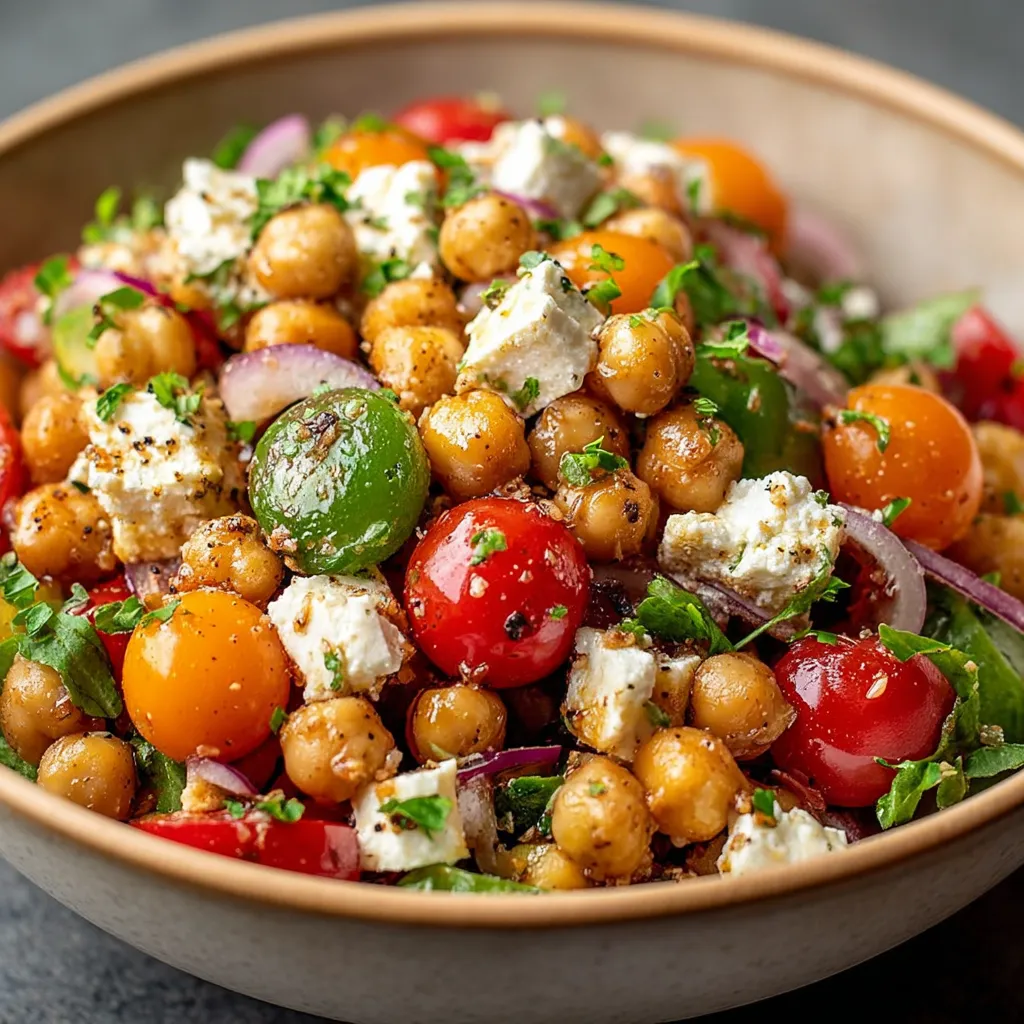 Salade fraîche de pois chiches, tomates cerises multicolores et feta dorée