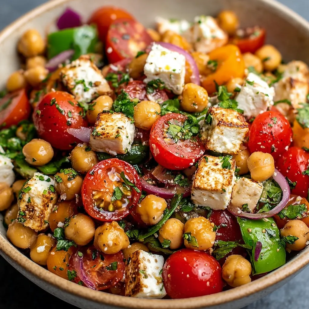 Salade fraîche de pois chiches, tomates cerises multicolores et feta dorée