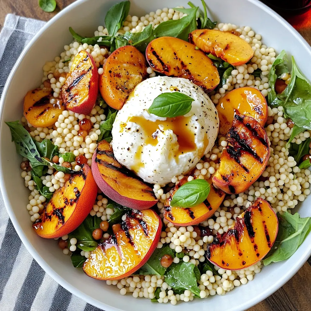 Salade de couscous perlé avec pêches grillées, roquette et burrata sur une assiette blanche