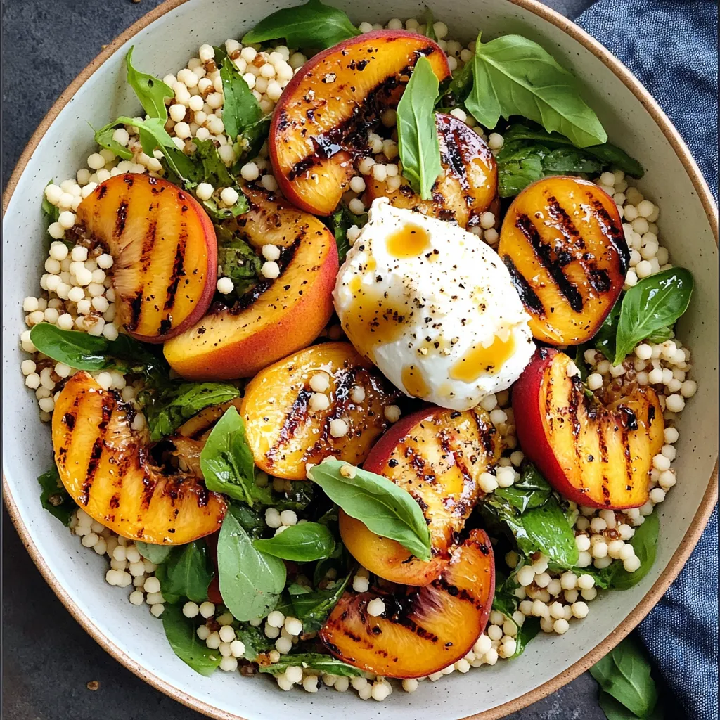 Salade de couscous perlé avec pêches grillées, roquette et burrata sur une assiette blanche