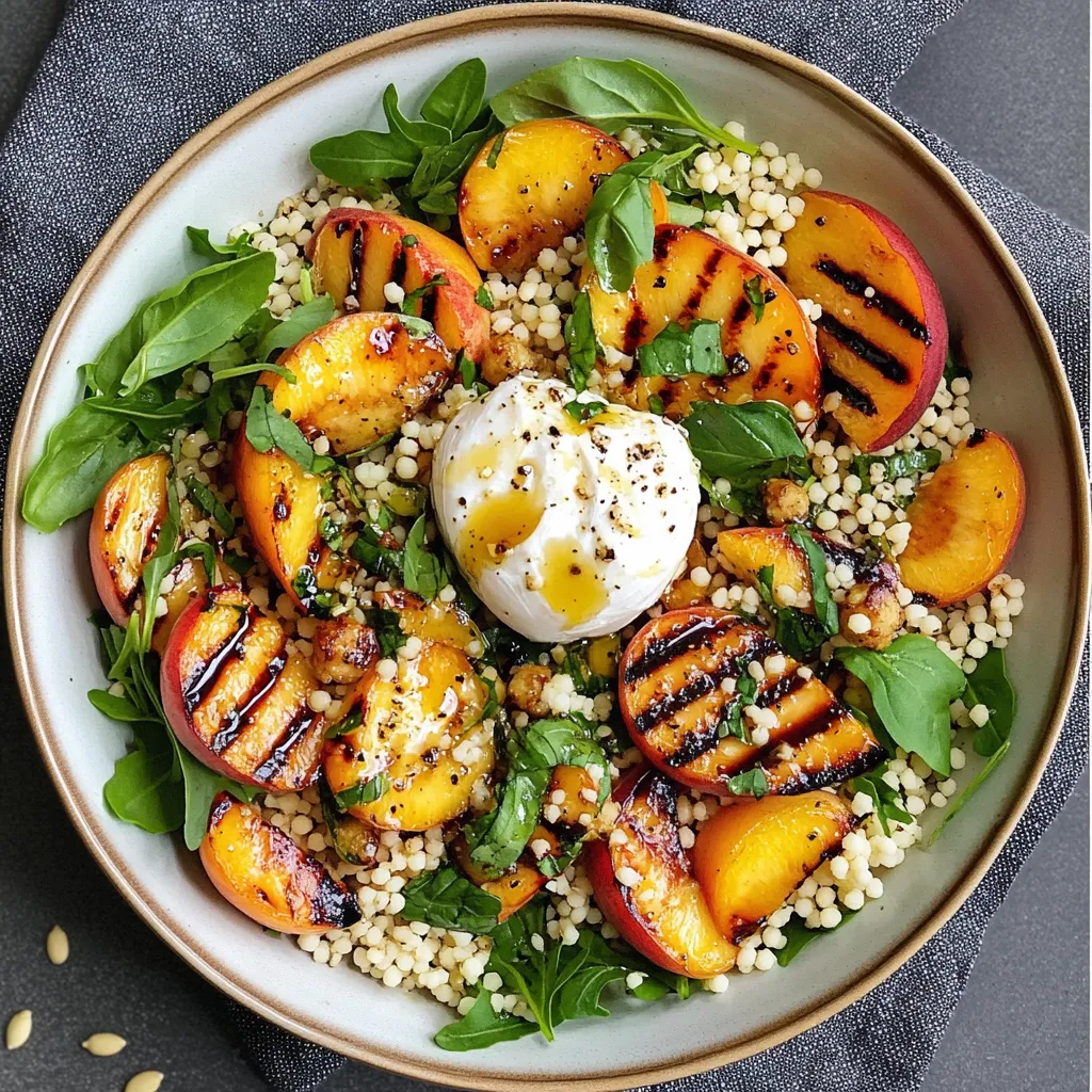 Salade de couscous perlé avec pêches grillées, roquette et burrata sur une assiette blanche