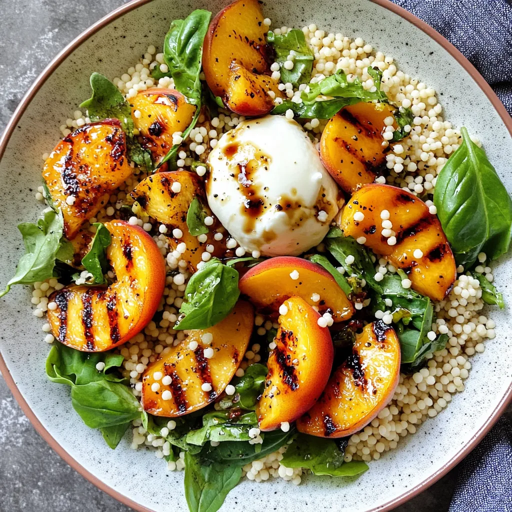 Salade de couscous perlé avec pêches grillées, roquette et burrata sur une assiette blanche