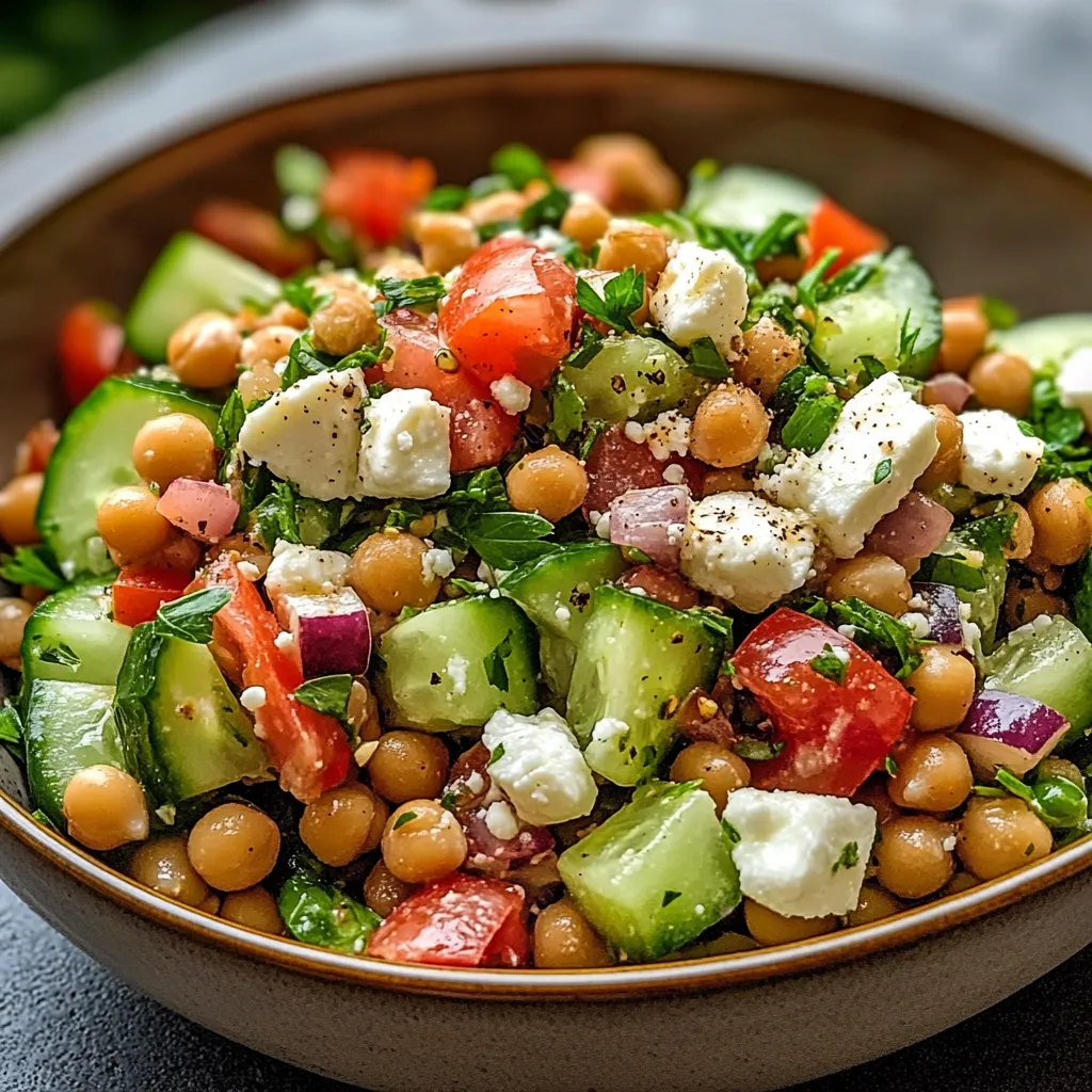 Salade de lentilles, pois chiches, concombre et feta dans un grand bol coloré avec herbes fraîches