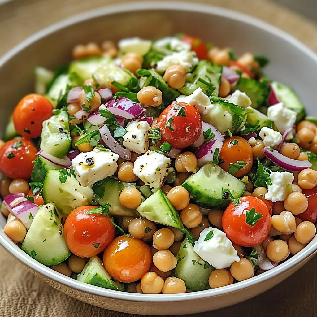 Salade de lentilles, pois chiches, concombre et feta dans un grand bol coloré avec herbes fraîches