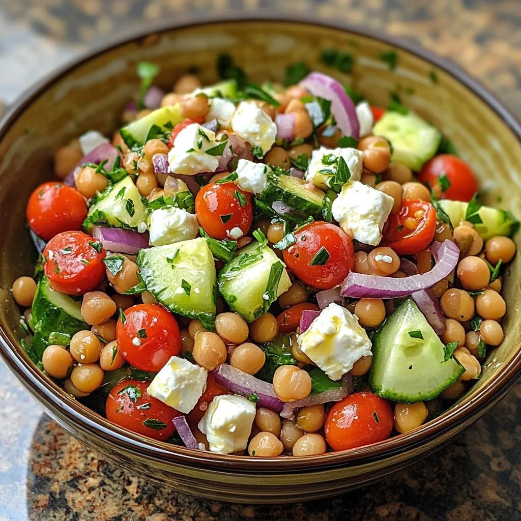Salade de lentilles, pois chiches, concombre et feta dans un grand bol coloré avec herbes fraîches