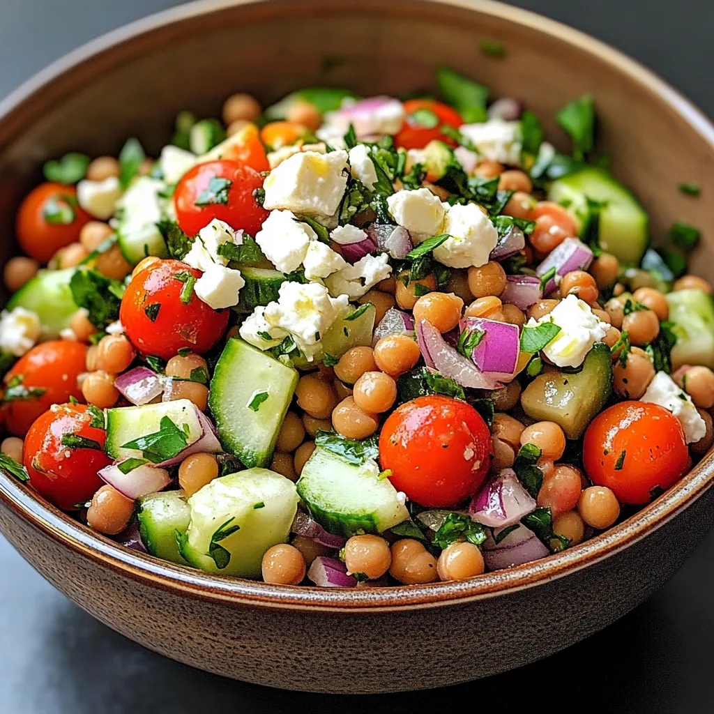 Salade de lentilles, pois chiches, concombre et feta dans un grand bol coloré avec herbes fraîches