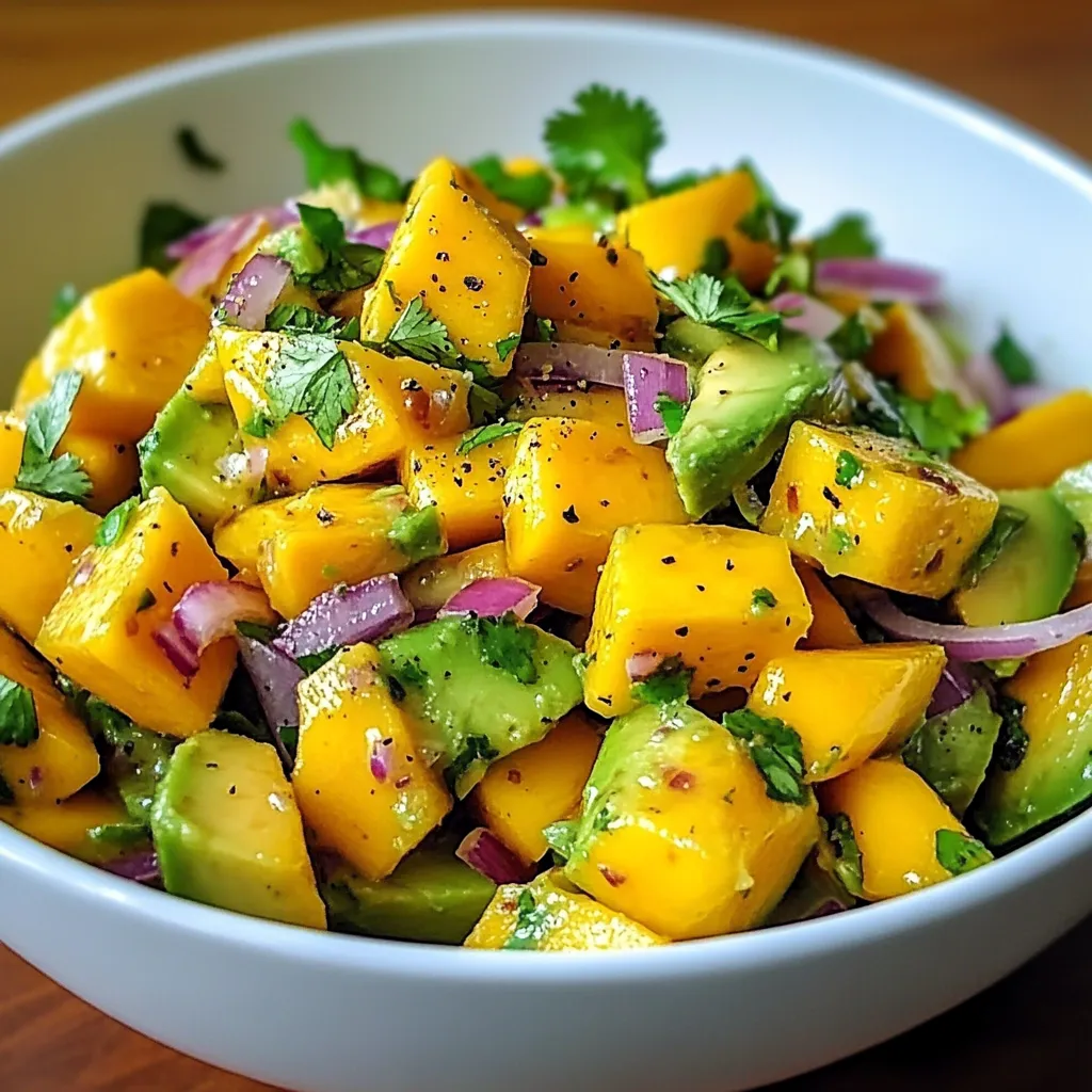 Salade colorée de mangue et avocat servie fraîche dans un bol en céramique