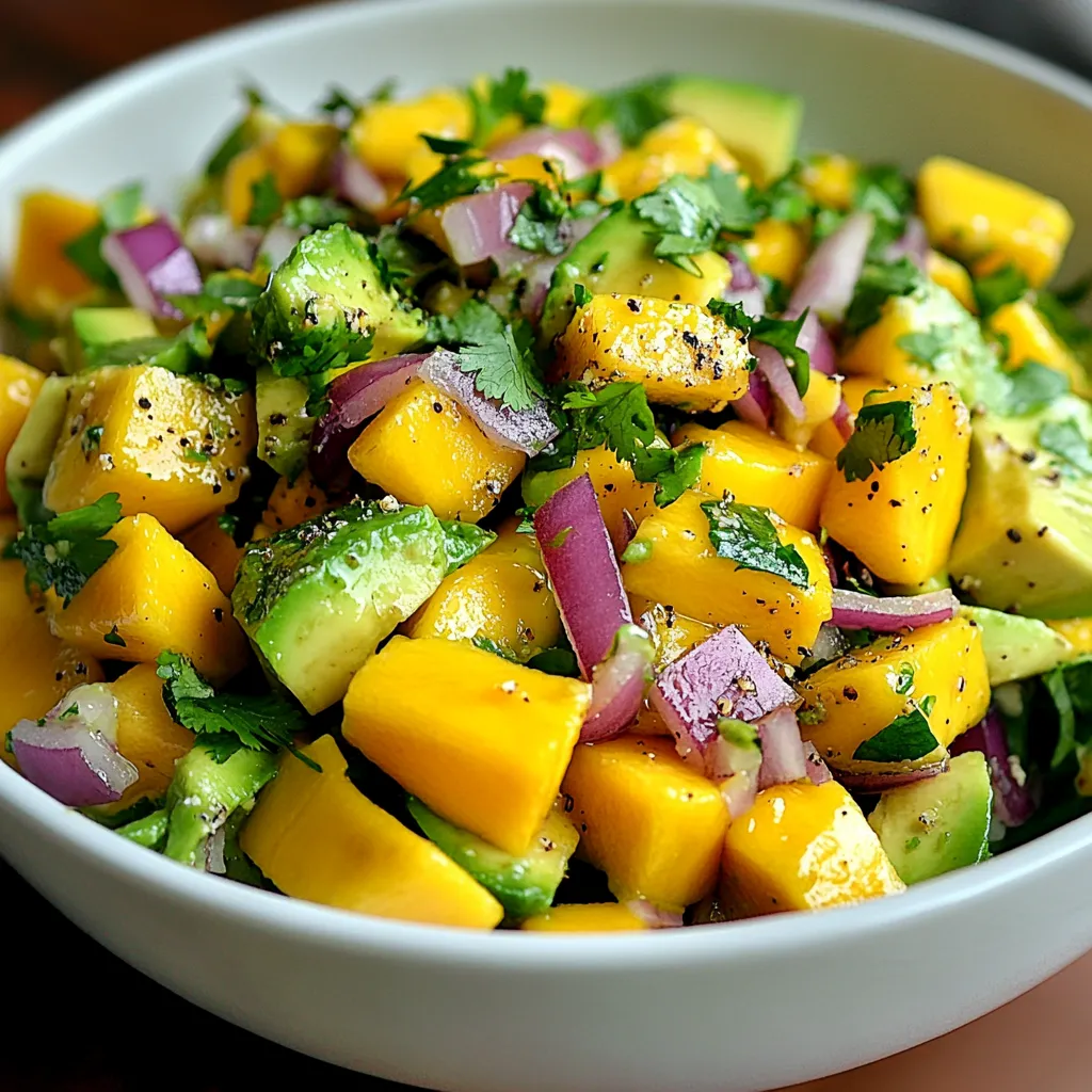 Salade colorée de mangue et avocat servie fraîche dans un bol en céramique