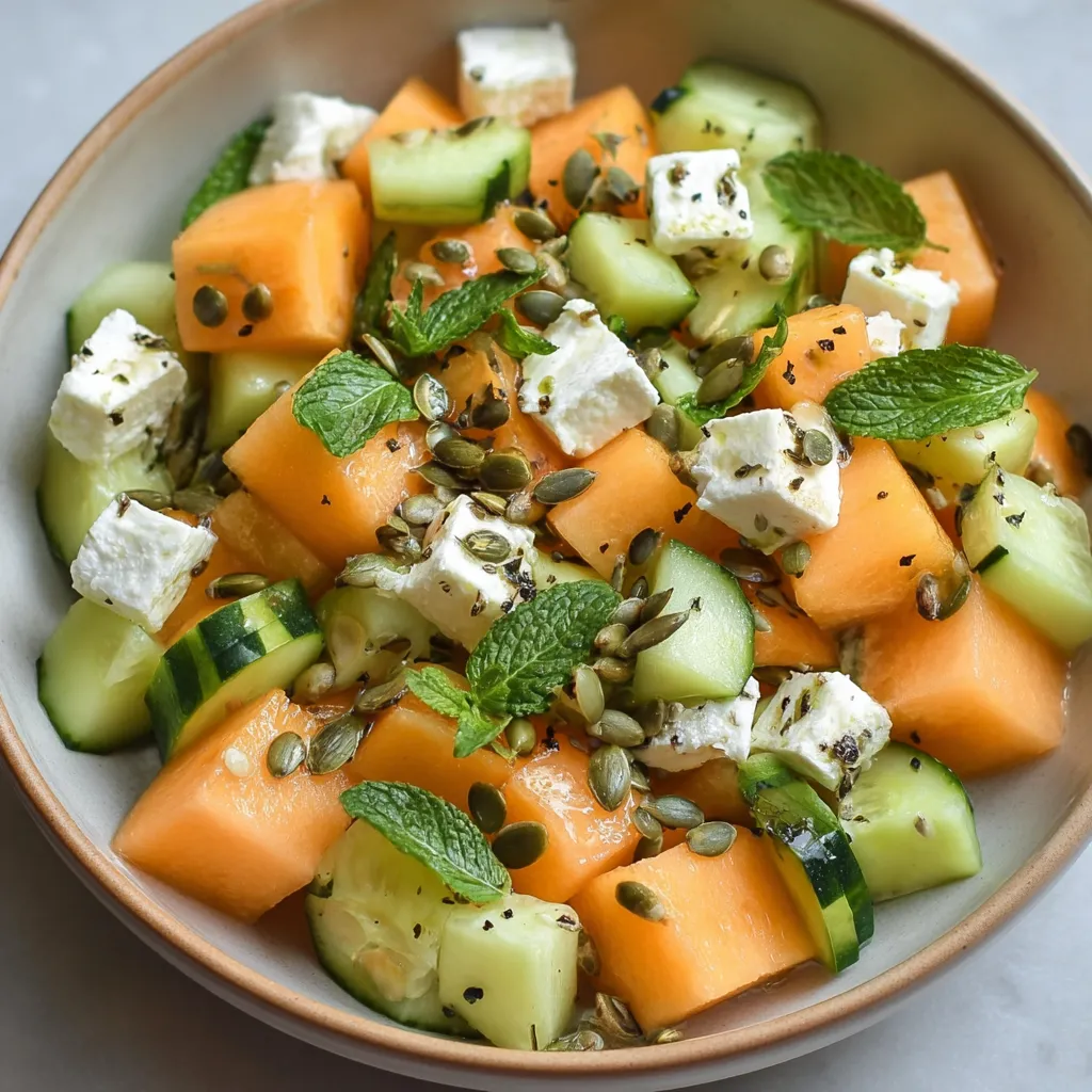 Salade fraîche d'été avec melon, concombre, feta et graines de courge servie dans un grand bol