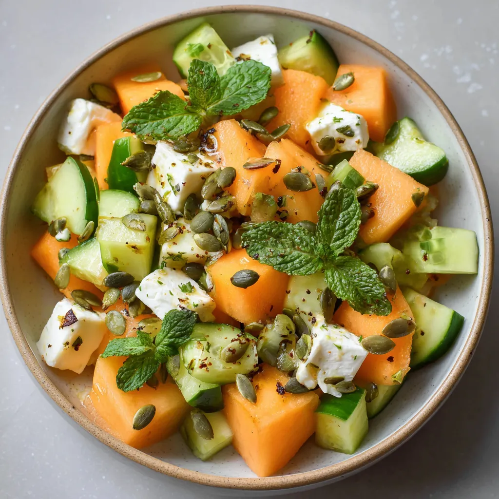 Salade fraîche d'été avec melon, concombre, feta et graines de courge servie dans un grand bol