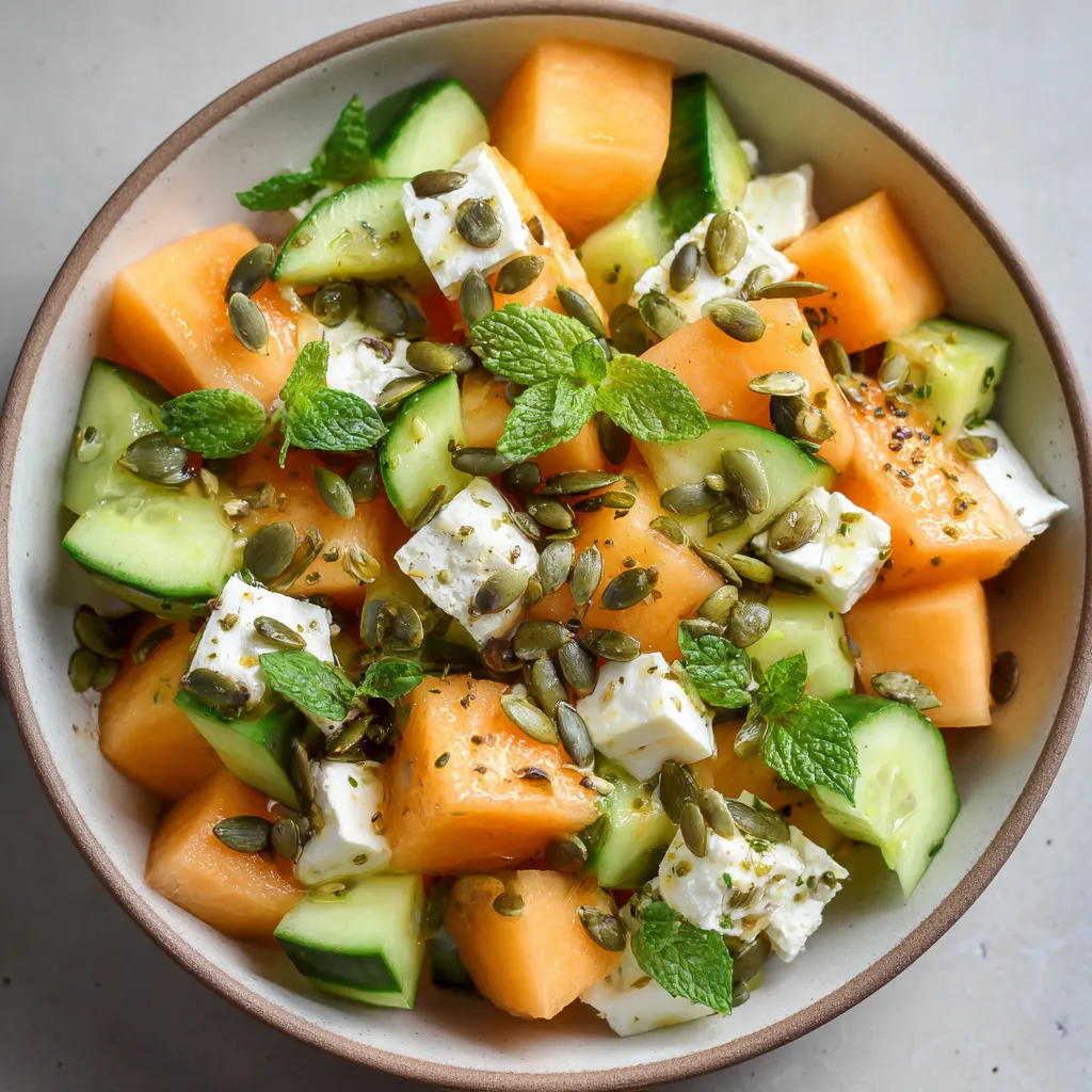 Salade fraîche d'été avec melon, concombre, feta et graines de courge servie dans un grand bol