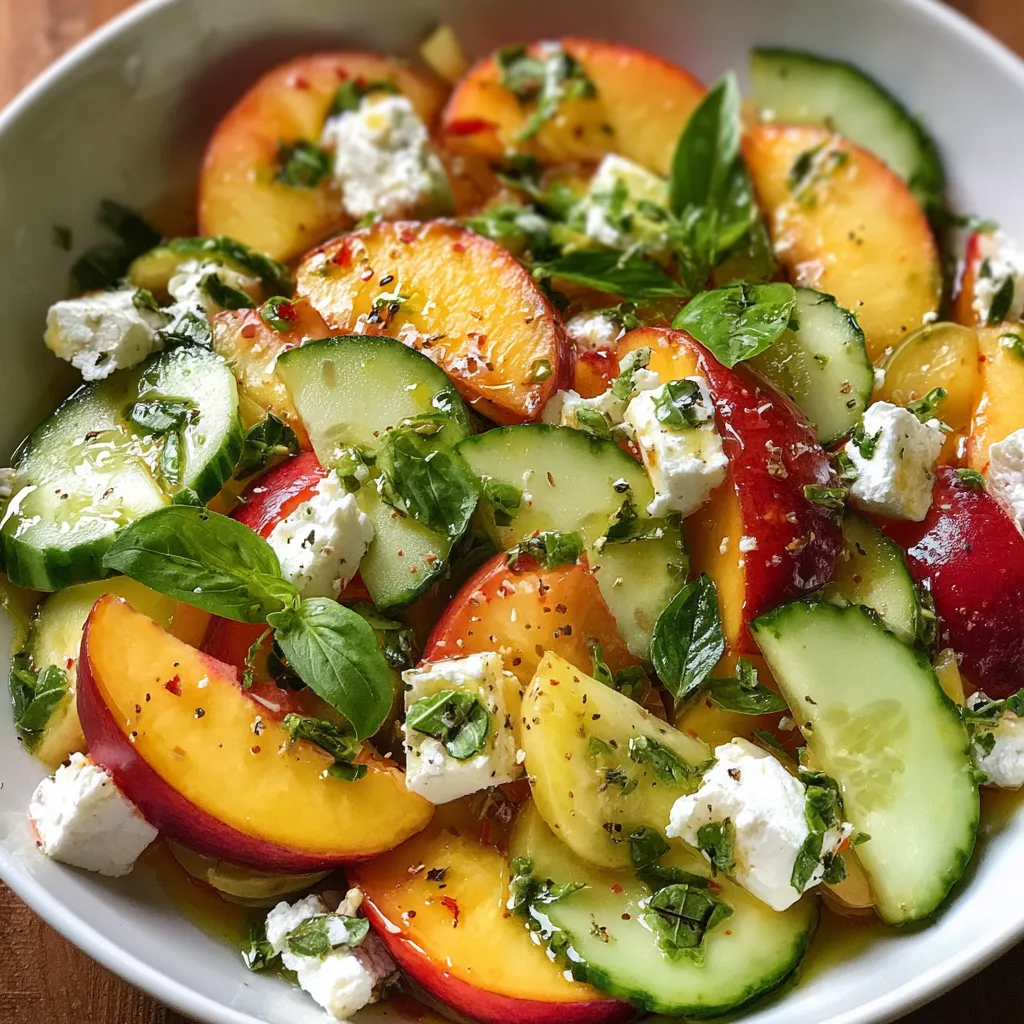 Salade de nectarines, concombre et feta servie dans un bol, décorée de feuilles de basilic frais