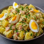 Salade de pommes de terre au thon et œufs durs dans un grand bol en céramique