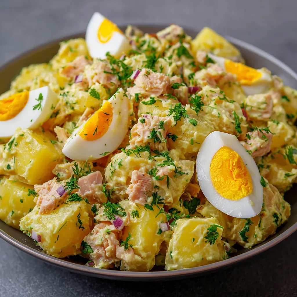 Salade de pommes de terre au thon et œufs durs dans un grand bol en céramique