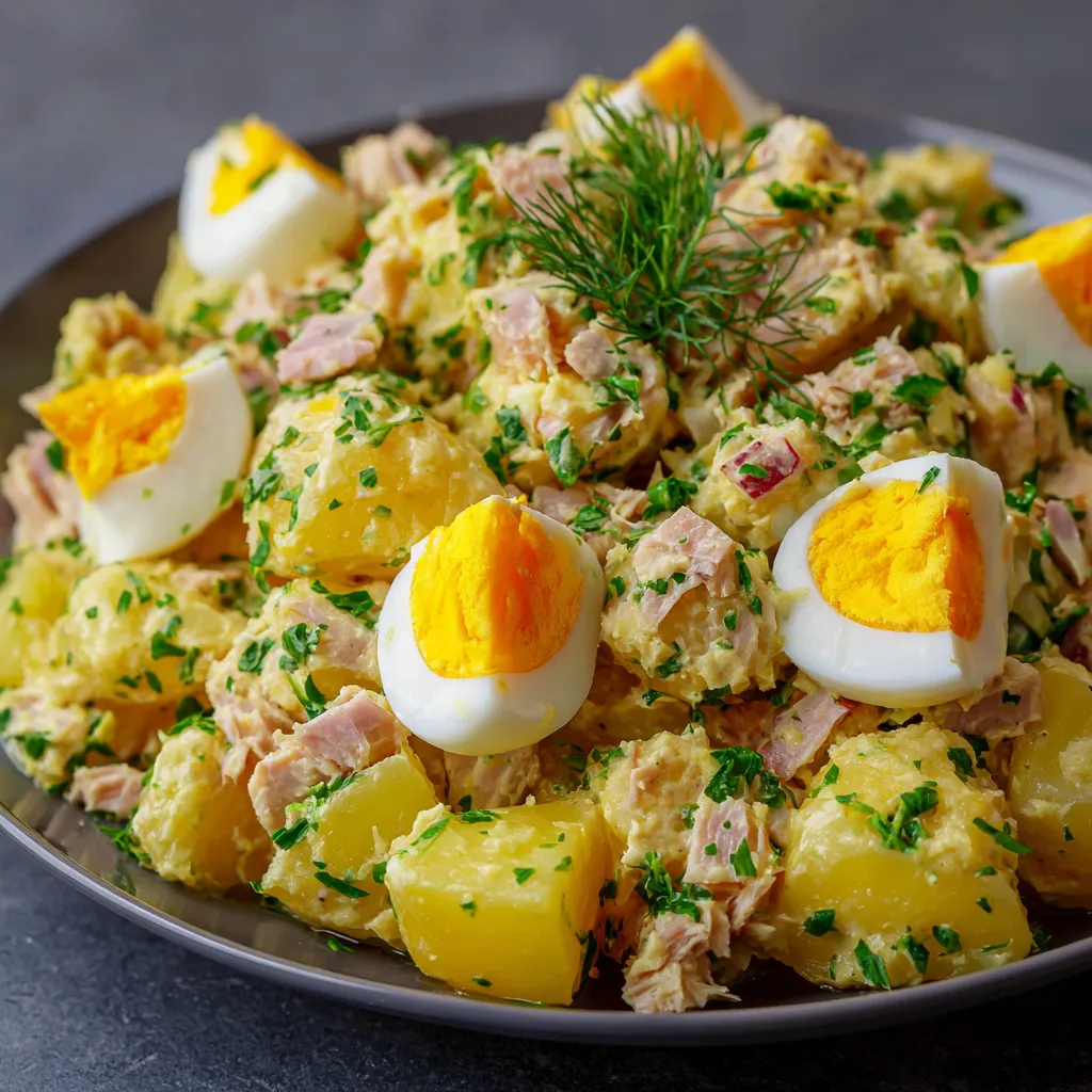 Salade de pommes de terre au thon et œufs durs dans un grand bol en céramique