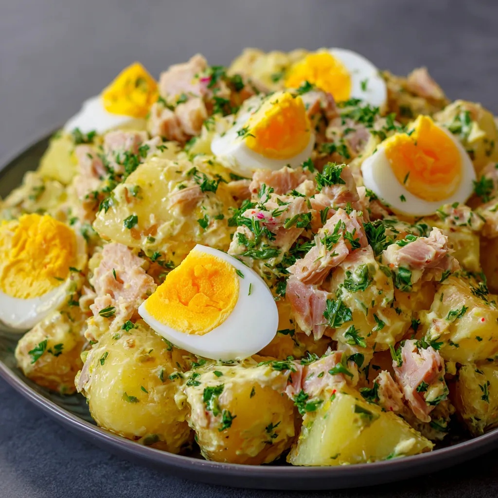 Salade de pommes de terre au thon et œufs durs dans un grand bol en céramique