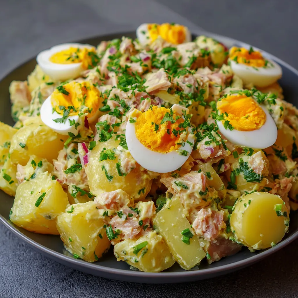 Salade de pommes de terre au thon et œufs durs dans un grand bol en céramique