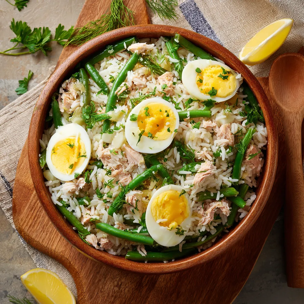 Salade de riz, thon, haricots verts et œufs servie dans un grand saladier, accompagnée d'herbes fraîches.