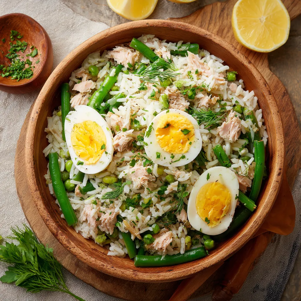 Salade de riz, thon, haricots verts et œufs servie dans un grand saladier, accompagnée d'herbes fraîches.