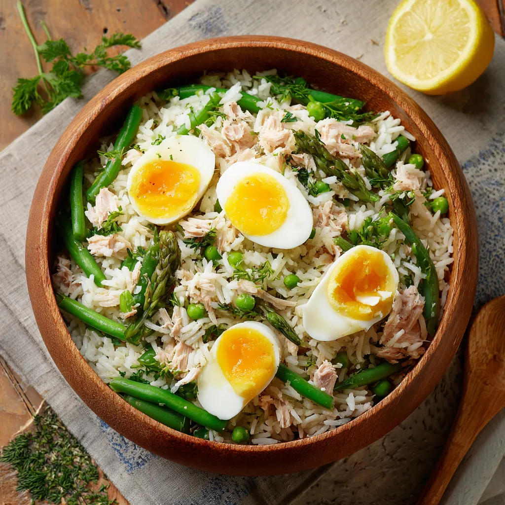Salade de riz, thon, haricots verts et œufs servie dans un grand saladier, accompagnée d'herbes fraîches.