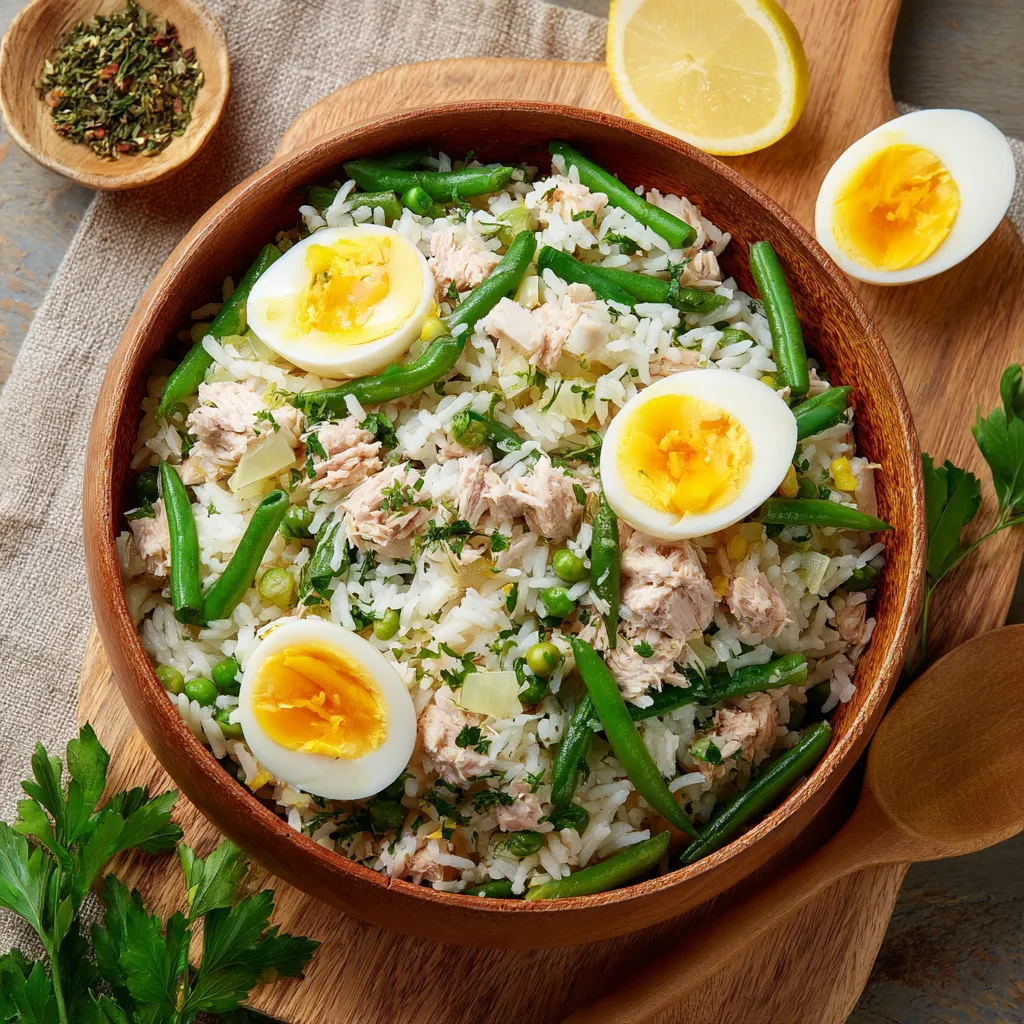 Salade de riz, thon, haricots verts et œufs servie dans un grand saladier, accompagnée d'herbes fraîches.