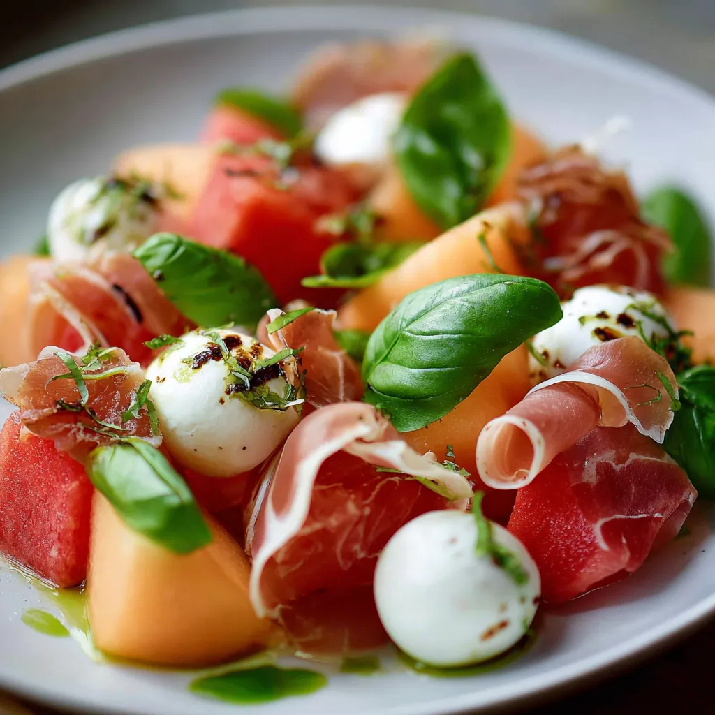 Salade estivale de melon, mozzarella et jambon de poulet avec basilic frais
