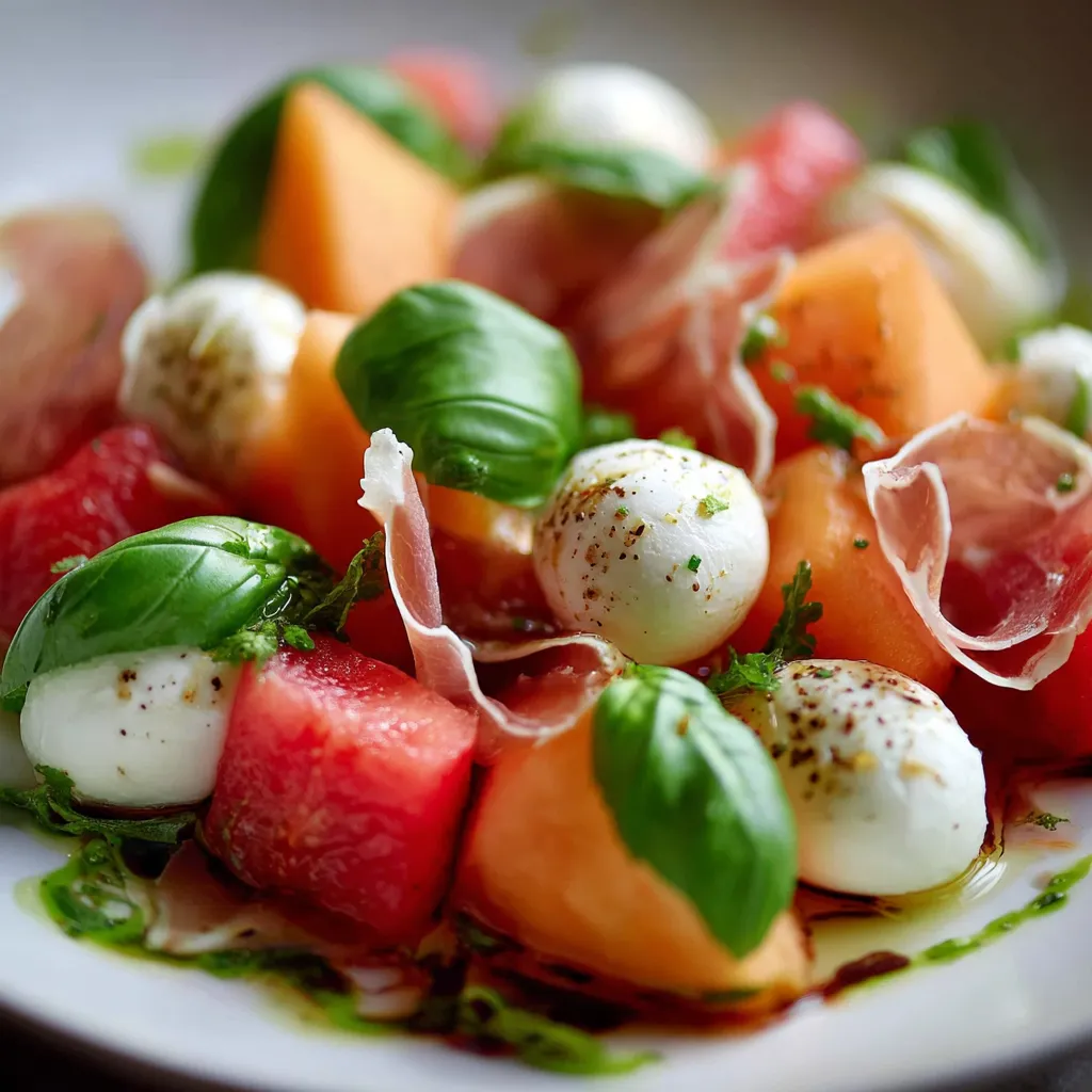 Salade estivale de melon, mozzarella et jambon de poulet avec basilic frais