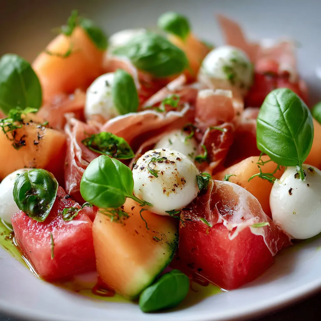 Salade estivale de melon, mozzarella et jambon de poulet avec basilic frais