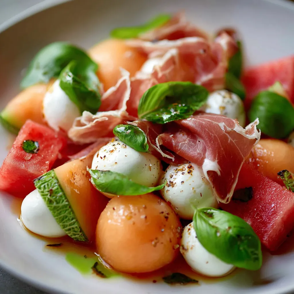 Salade estivale de melon, mozzarella et jambon de poulet avec basilic frais
