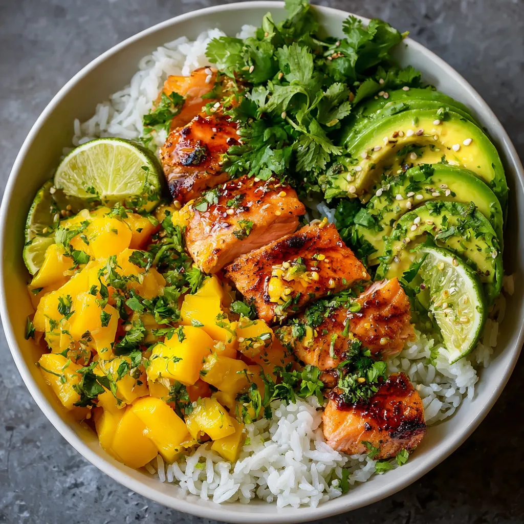 Bol de salade de riz basmati, mangue et saumon grillé servi frais avec citron vert et pousses de roquette