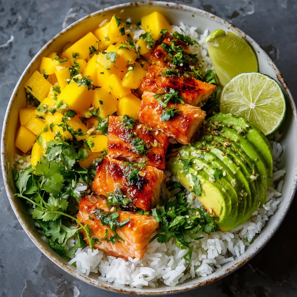 Bol de salade de riz basmati, mangue et saumon grillé servi frais avec citron vert et pousses de roquette