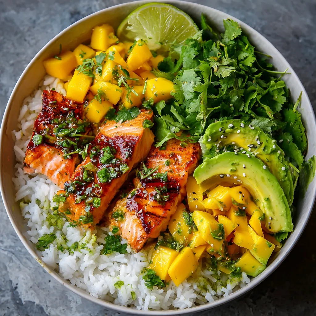 Bol de salade de riz basmati, mangue et saumon grillé servi frais avec citron vert et pousses de roquette