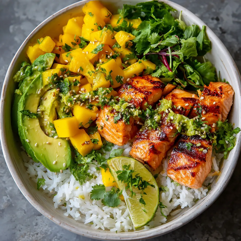 Bol de salade de riz basmati, mangue et saumon grillé servi frais avec citron vert et pousses de roquette